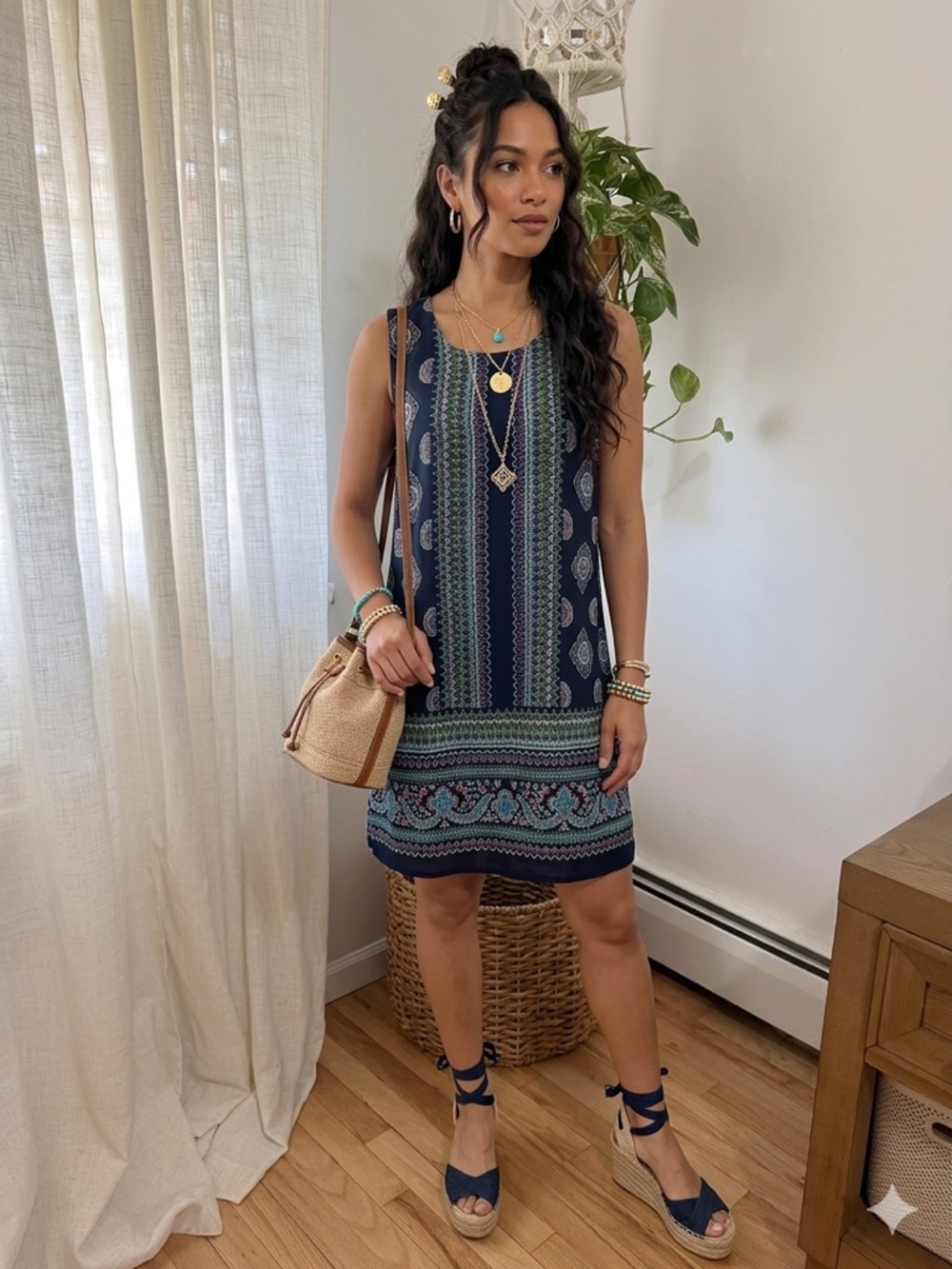 Artisan Ny Navy Sleeveless Printed Mini Dress with Teal and Green Accents